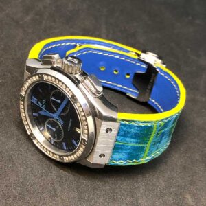 Мужской ремешок на часы Hublot из крокодила синий с желтой патиной